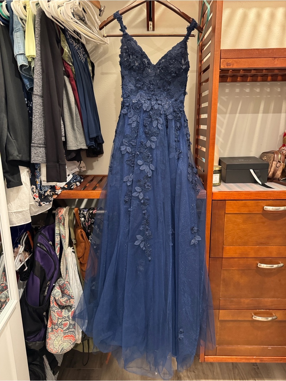 Dark blue floral prom dress